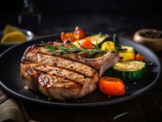 A plate of tender and juicy grilled pork chops, seasoned with herbs and served with grilled vegetables.