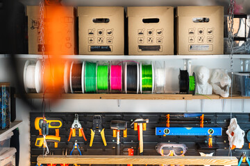Home studio, garage tools. Organized items in a home workshop. Tool wall. 3D print elements,...