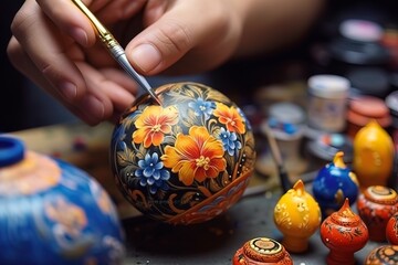 Hands draw with a brush on the figure in the form of a ball, paint the ball in the manner of khokhloma. Generative Artificial Intelligence