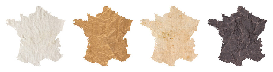 set of maps of France on old dark and brown crumpled grunge papers
