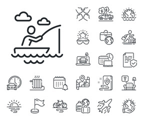 Fisherman with rod sign. Plane jet, travel map and baggage claim outline icons. Boat fishing line icon. Catching fish symbol. Boat fishing line sign. Car rental, taxi transport icon. Vector