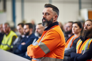 Employee safety briefing in a factory setting, factory, worker, natural light, affinity, bright background, Labor Day, Generative AI