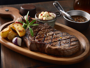 A sizzling steak cooked to perfection, with grill marks and a side of roasted vegetables.