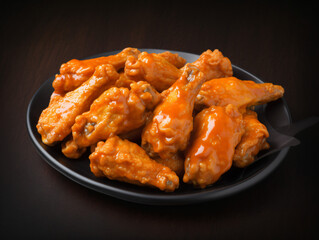 A tray of delicious buffalo chicken wings, crispy and coated in spicy sauce.