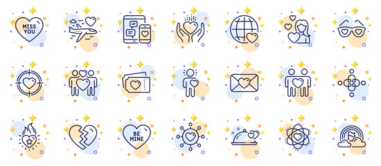 Outline set of International love, Romantic dinner and Heart flame line icons for web app. Include Friend, Atom, Valentine target pictogram icons. Love tickets, Friends couple. Vector