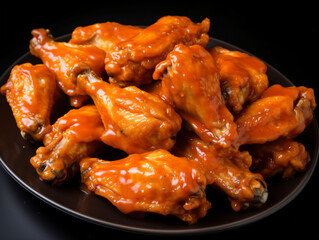 A tray of delicious buffalo chicken wings, crispy and coated in spicy sauce.