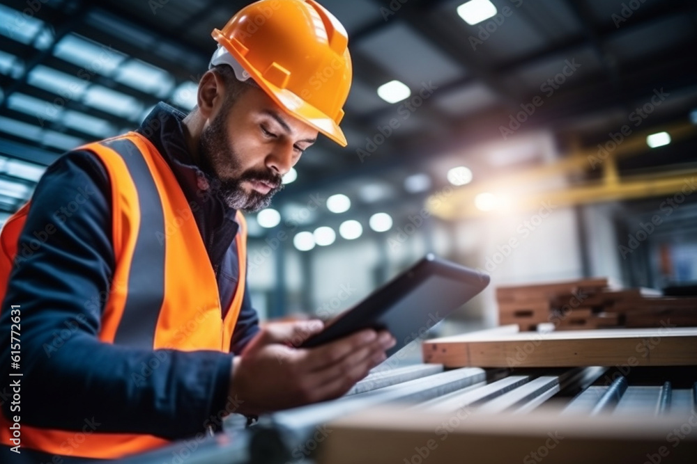 Poster worker using a tablet or computer for data entry in a factory, factory, worker, natural light, affin