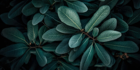 Closeup of branches evergreen trees leaf. Macro Shoot. Dark green branches.Nature forest background. wallpaper. leaf texture.Generative ai