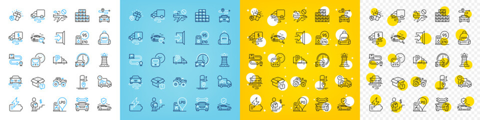 Vector icons set of Truck parking, Gift and Delivery route line icons pack for web with Cancel flight, Battery, Backpack outline icon. Tractor, Metro, Gas station pictogram. Flag. Vector