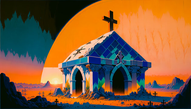 Empty Tomb with Crucifixion at Sunrise. Generative AI.