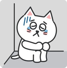 White cartoon cat having social anxiety, vector illustration.