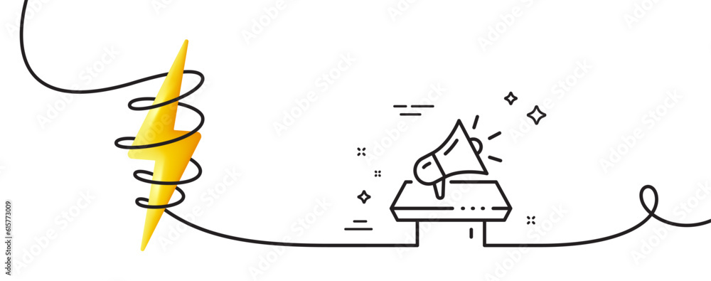 Poster megaphone line icon. continuous one line with curl. advertisement device symbol. brand ambassador lo