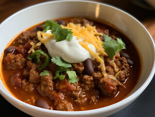 An image of a hearty beef chili, simmering in a thick and flavorful sauce, topped with cheese and...
