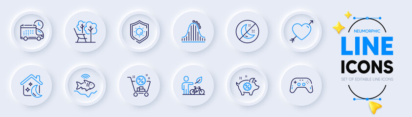 Deckchair, Sun protection and Piggy sale line icons for web app. Pack of Love, Eco bike, Roller coaster pictogram icons. Fishfinder, Sleep, Gamepad signs. Delivery, Insomnia, Shopping cart. Vector