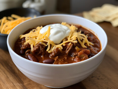An image of a hearty beef chili, simmering in a thick and flavorful sauce, topped with cheese and sour cream. 