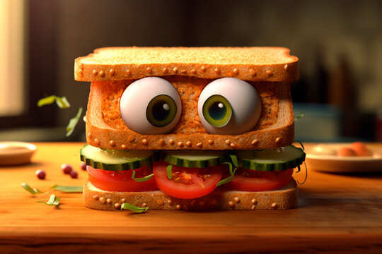 Sandwich bread tomato, lettuce. Generative AI. Cute cartoon character meal with eyes. Healthy Snack, breakfast or lunch for adults and kid. Adorable Image for advert, poster, comic book. 