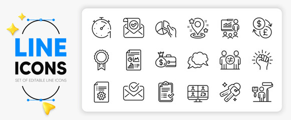 Pie chart, Technical documentation and Keys line icons set for app include Report document, Empower, Currency exchange outline thin icon. Presentation, Timer, Confirmed mail pictogram icon. Vector