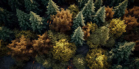 Naklejka na ściany i meble An aerial image of coniferous forest .top down view of evergreen trees, fir, pine. Nature woods background. Foliage wallpaper. Generative AI