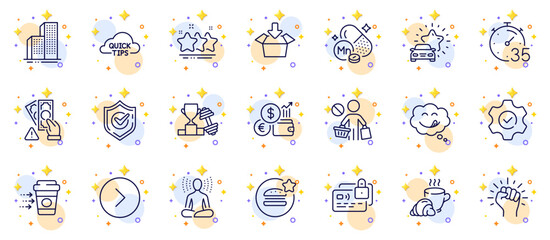 Outline set of Dumbbell, Coffee break and Execute line icons for web app. Include Timer, Empower, Manganese mineral pictogram icons. Yoga, Yummy smile, Coffee delivery signs. Quick tips. Vector