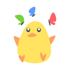 cute baby chick playing with butterfly in cartoon style. isolated on white background. animal, poultry, livestock concept. Perfect for children's book illustrations, print, sticker, etc. flat vector