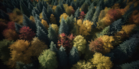Fototapeta na wymiar An aerial image of autumn forest .top down view of green trees. Nature woods background. Foliage wallpaper. Generative AI