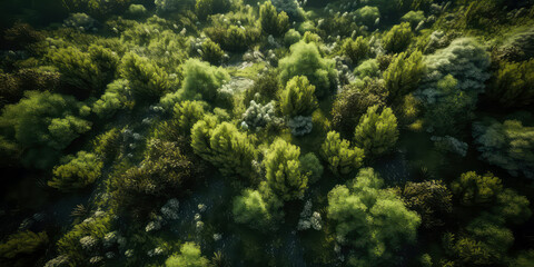 Fototapeta na wymiar An aerial image of forest .top down view of green trees. Nature woods background. Foliage wallpaper. Generative AI
