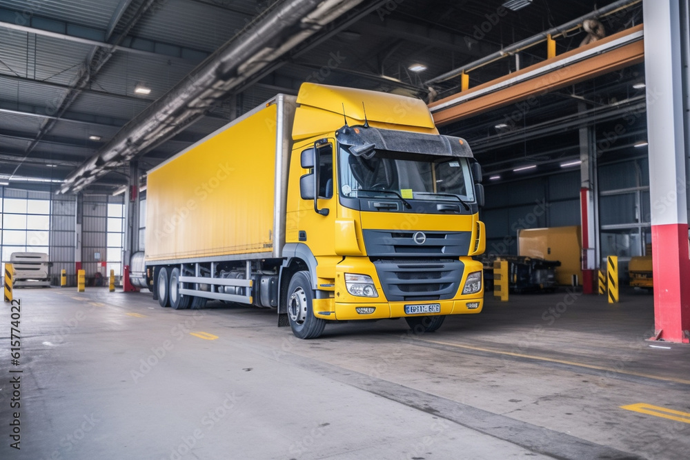 Aufkleber loading dock area with trucks being loaded and unloaded in a factory, factory, worker, natural light