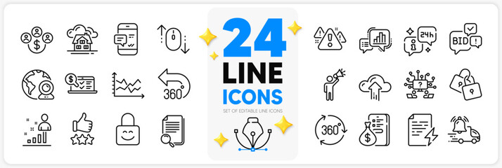 Fototapeta na wymiar Icons set of Diagram chart, Building and 360 degrees line icons pack for app with Money, Graph chart, Info thin outline icon. Scroll down, Power certificate, Teamwork question pictogram. Vector