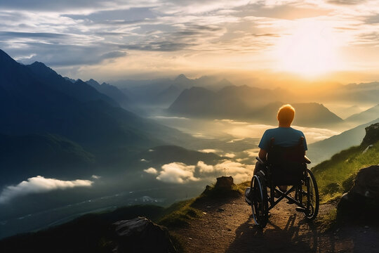 A man in a wheelchair looking at the mountain tops during sunset, generative ai