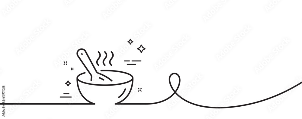 Poster cook line icon. continuous one line with curl. hot bowl with spoon sign. food meal symbol. cook sing