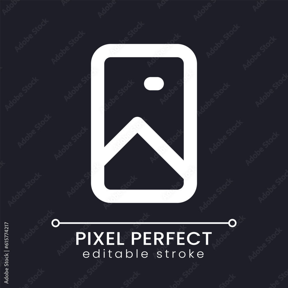 Poster vertical picture pixel perfect white linear ui icon for dark theme. photo and video format. vector l