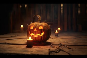 Creepy Halloween Pumpkins With Glowing Light. Generative AI