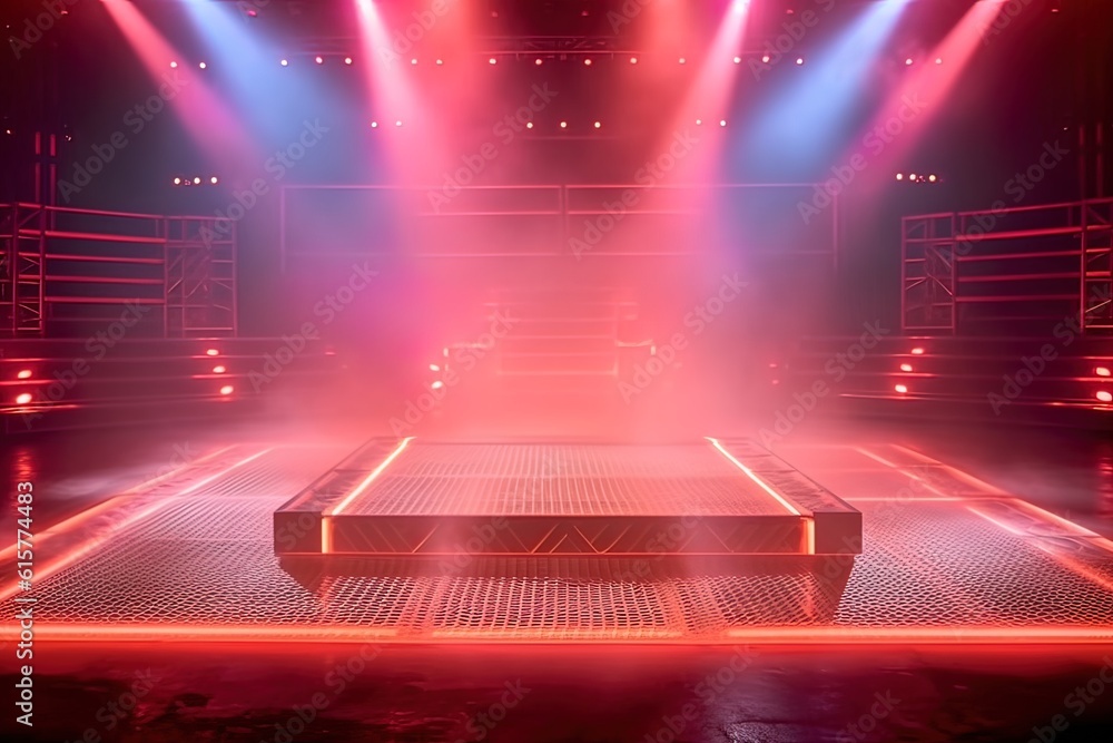 Poster empty stage with neon lighting. generative ai.