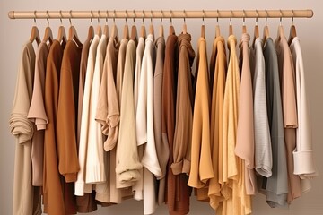 Collection of on a rack with coat, and t-shirt hangers,  minimalist. clothing.