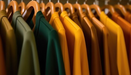 Naklejka premium Collection of on a rack with coat, and t-shirt hangers, minimalist. t-shirt clothing.