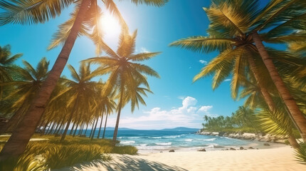 Fototapeta na wymiar Sunny exotic beach by the ocean with palm trees
