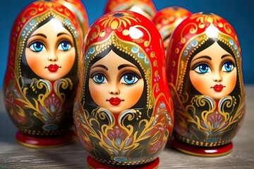 Figurines of Russian matryoshka. Generative AI.