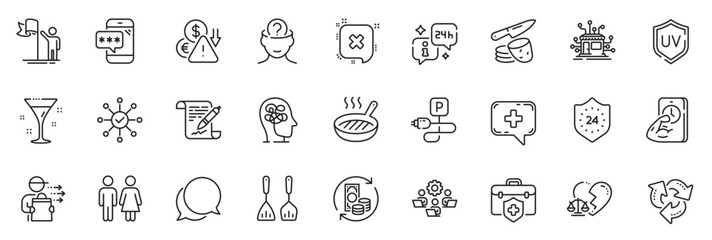 Icons pack as Change money, Charging parking and Food delivery line icons for app include Phone password, Deflation, Cocktail outline thin icon web set. Leadership, Recycle. Vector