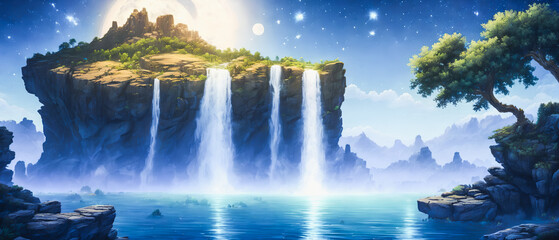 Serene Nightfall: Moonlit Waterfall Amidst Enchanting Scenery. Generative AI.