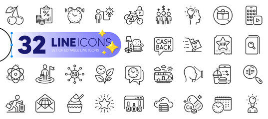 Outline set of Bus travel, Cloud server and Leaves line icons for web with Search files, Business idea, Travel delay thin icon. Phone app, Alarm clock, Atom pictogram icon. Vip ticket. Vector