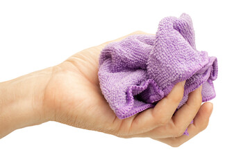 Purple microfiber cloth for dusting in hand isolated on transparent background.