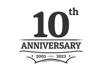 10 years anniversary logo, icon or label. 10th jubilee, birthday celebration vintage design template. Wedding, invitation card element. Vector illustration.