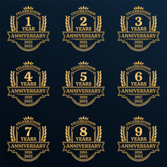 1, 2, 3, 4, 5, 6, 7, 8, 9 years anniversary icon or logo. Vintage birthday banner design with laurel wreath. Anniversary celebration badge or label collection. Vector illustration.