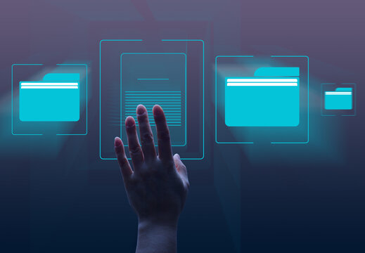 A female hand and virtual icons of folders and files, a concept of data organization and archiving, remote data management, paperless