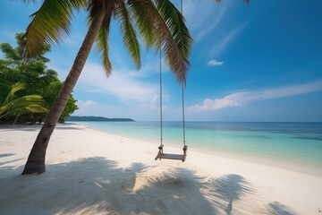Tropical composition. Simple swing hangs from palm tree on background of ocean shore, white sand beach, clear water and blue sky. Generative AI professional photo imitation.