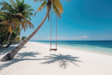 Exotic composition. Simple swing hangs from palm tree on background of ocean shore, white sandy beach, clear water and blue sky. Generative AI professional photo imitation. - obrazy, fototapety, plakaty