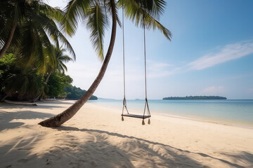 Exotic composition. Simple swing hangs from palm tree on background of ocean shore, white sand beach, clear water and blue bright sky. Generative AI professional photo imitation.