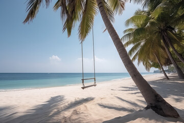Exotic composition. Simple swing hangs from palm tree on background of ocean shore, white sand beach, clear water and blue clean sky. Generative AI professional photo imitation.