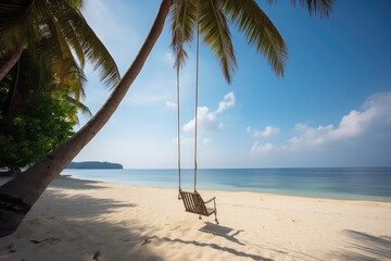 Tropical composition. Simple swing hangs from green palm tree on background of ocean shore, white sand beach, clear water and blue sky, sunny day. Generative AI professional photo imitation.