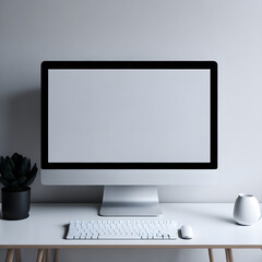 Computer mockup, computer with empty blank screen in modern office interior. Home office, workplace, working or studying from home, distance learning, business and technology concept, Generative Ai